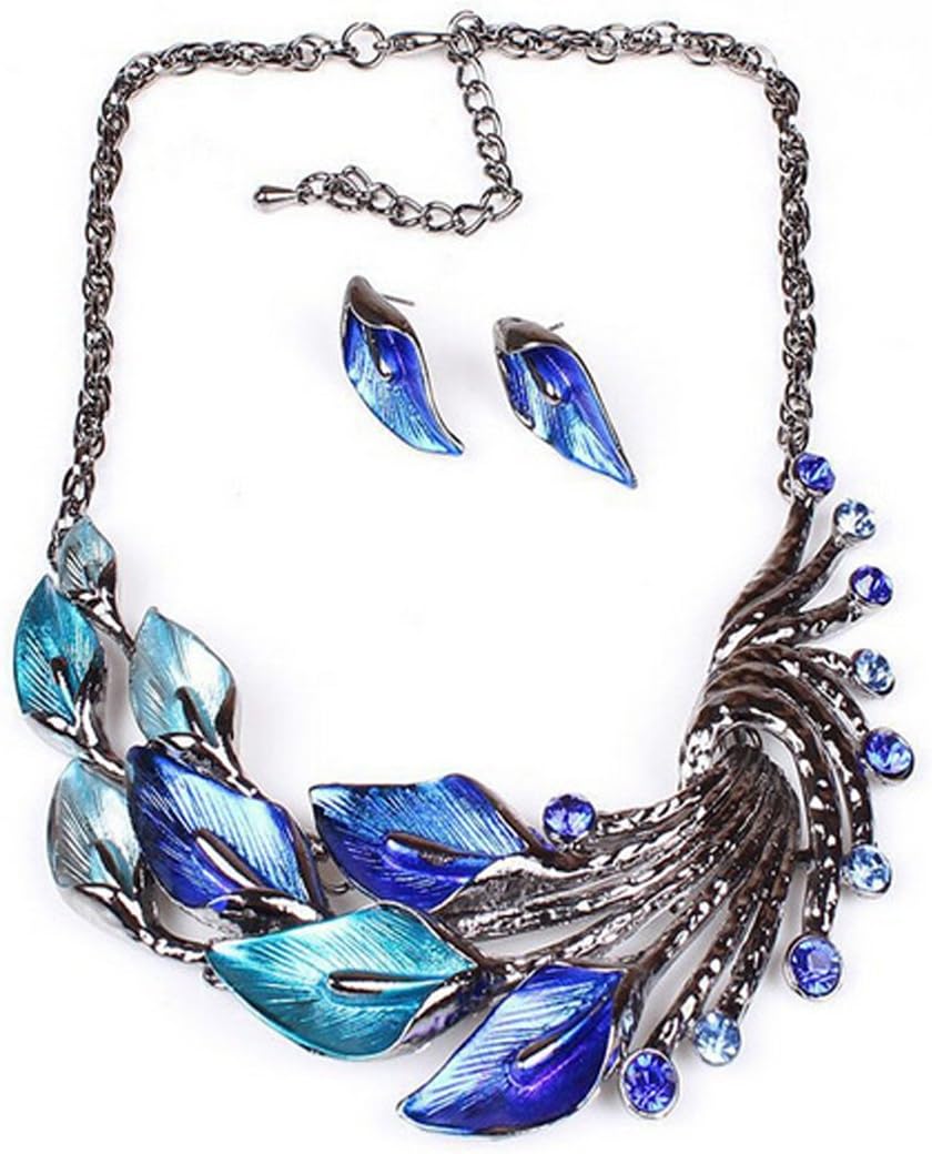 EIGA Women's Elegant Blue Peacock Enamel Festoon Bib Necklace Stud Earrings Set­