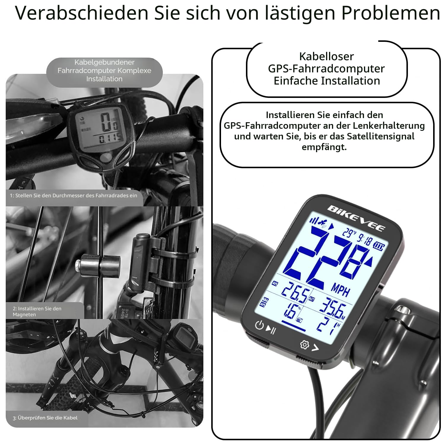 GPS Fahrradcomputer Kabellos Wasserdicht 2.4 Zoll FSTN Display IPX7 28h Akkulaufzeit Leichtes Fahrrad Tacho mit Geschwindigkeit Distanz Höhe Temperatur Gradient