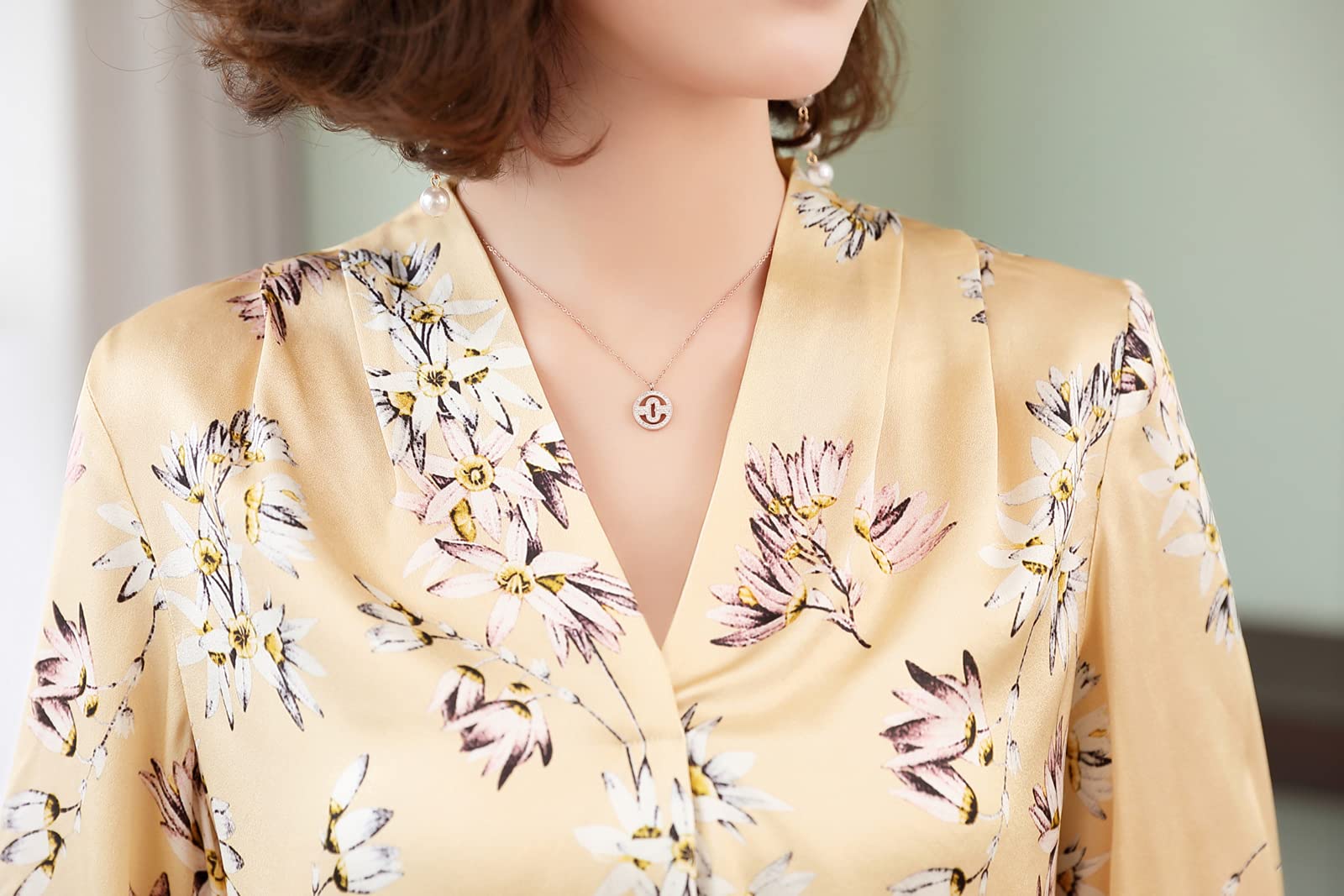 E-girl Blusa de seda para mujer con estampado de puente, blusa de manga larga con cuello en V, blusa de seda,S1922