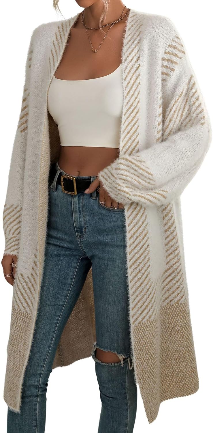 chouyatou Women's Color Block Striped Fuzzy Long Cardigan Sweaters Open Front Diagonal Stripe Knit Cardigan Jacket Coat