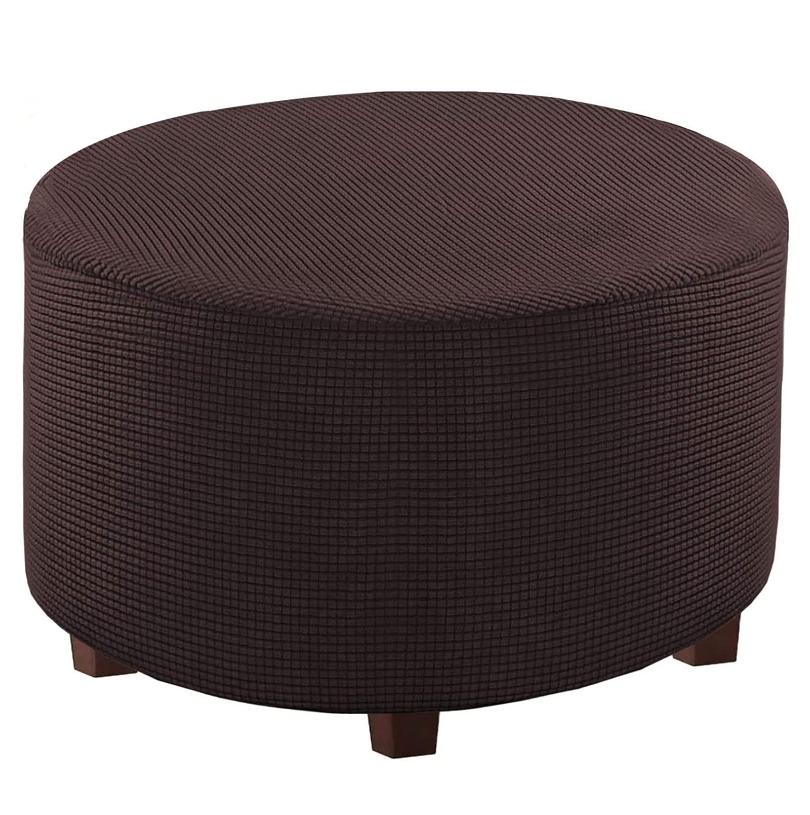 JHLD Round Stretch Ottoman Cover, Thickened Plaid Spandex Ottoman Slipcover Removable Pedal Protective Cover For Living Room-Brown A-X Large