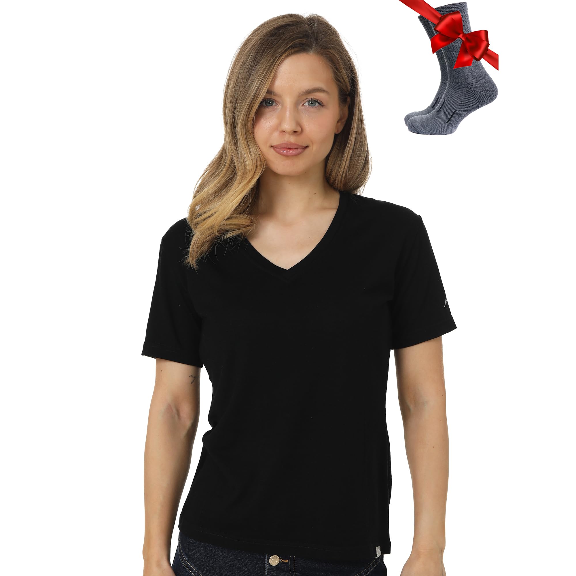 Merino.tech Maglietta Merinos Donna - 100% Maglia Termica Manica Corta in Lana Merinos con Calzini (Small, Black Onyx V-Neck)