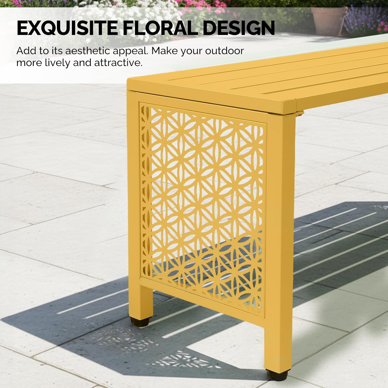 VINGLI 40in Outdoor Metal Bench, All-Weathe Backless Patio Bench with Slatted Seat＆Floral Side Panels, Rust-Resistant Garden Bench, Weatherproof Outdoor Seating for Porch Entryway Backyard (Yellow)