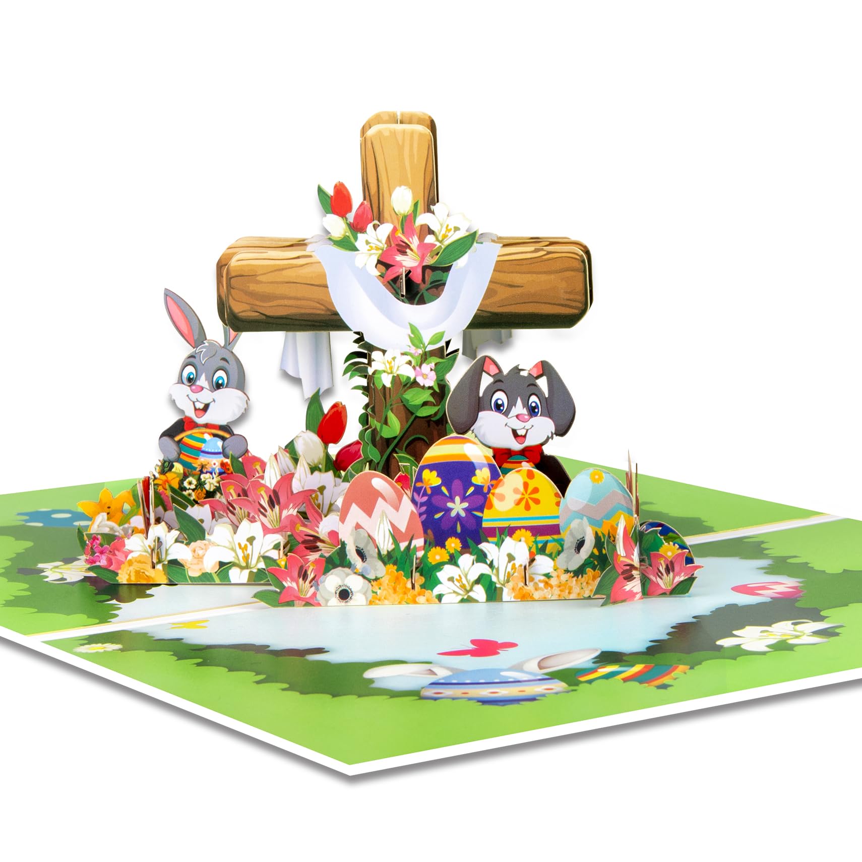 Pop Up Easter Card, Easter Bunny With Eggs 3D Greeting Card, Inspirational Floral Holy Cross 3D Pop Up Card, Religious Congratulations Card With Envelope