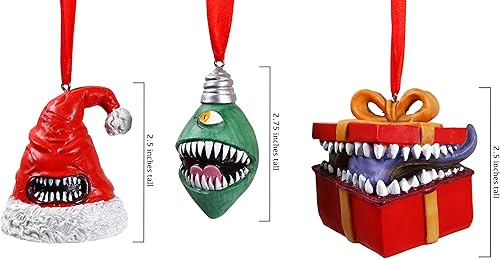 Miniatura 2 de Forged Dice Co. Monstrous Merrymakers - Juego de 3 adornos de resina y pintados a mano con sombrero de Papá Noel, bombilla de árbol de Navidad