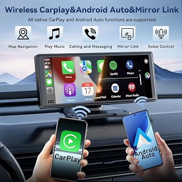 10.26 Wireless Carplay Screen with 4K Front Cam +1080P Backup Camera | Portable HD Touch Screen Car Play for Apple CarPlay & Android Auto with Mirror Link, Bluetooth, Voice Control, GPS, FM
