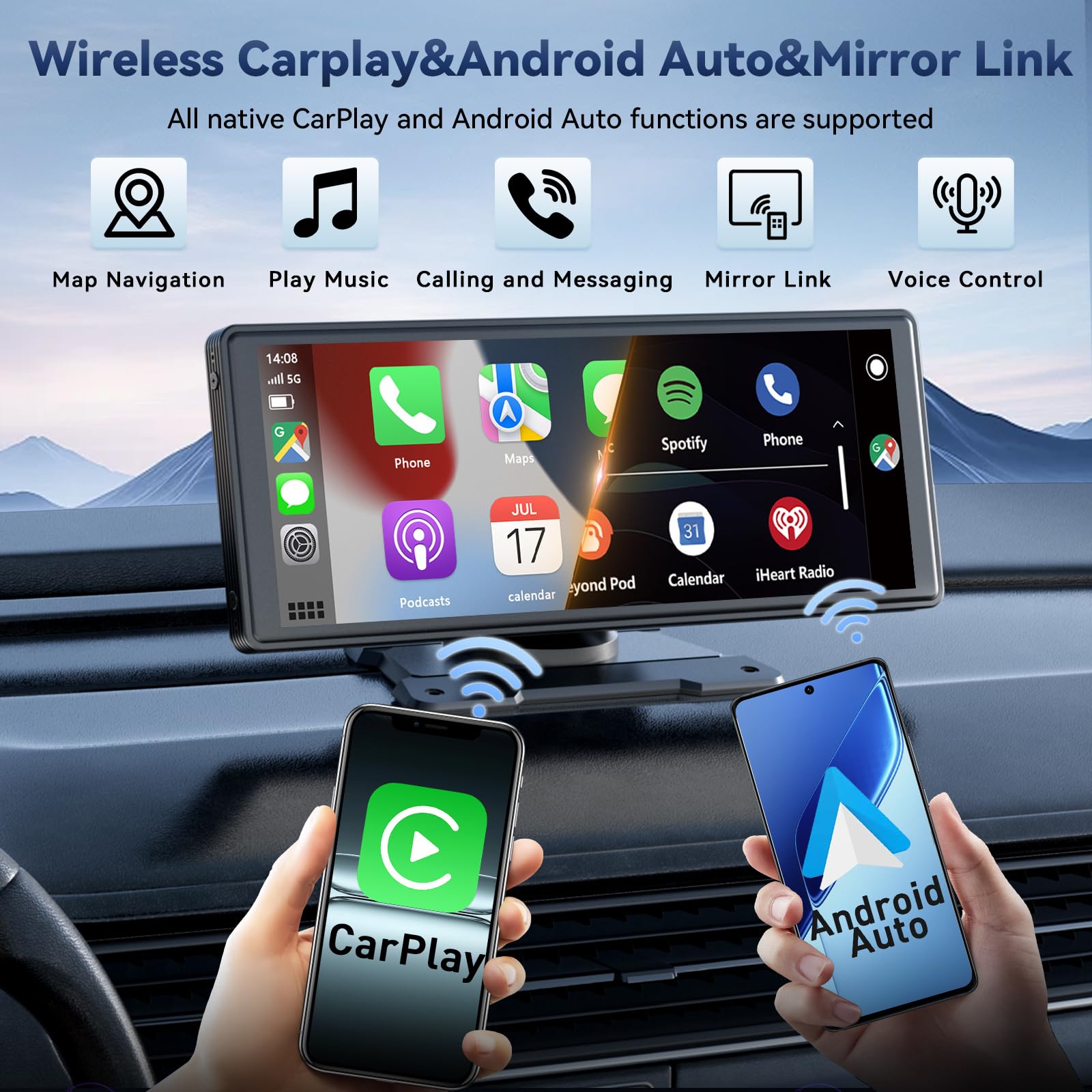 10.26" Pantalla Carplay Coche, Táctil Pantalla con 1080P Cámara Retrovisora para Apple y Android, Soporta Control por 2.4GHz +5GHZ WiFi/Voz Control/FM/Mirror Link/AUX con Navegación GPS/BT