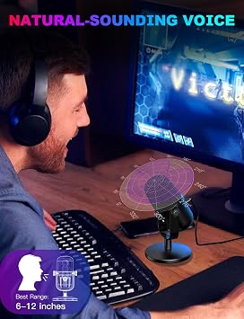 Gaming Microphone with Noise Cancellation & Mute Button, USB Condenser Mic for Streaming/Recording, Ultra-Compact Design, Compatible with PC/Mac/PS4/PS5, Podcast/YouTube/Twitch/Discord (Black)