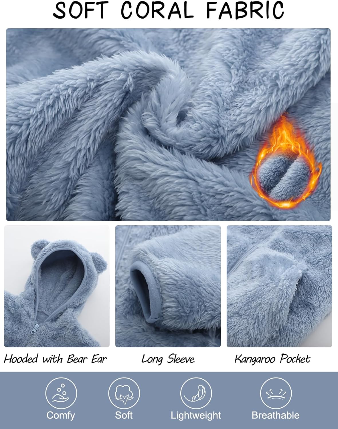 Flygo Girls Boys Fleece Hooded Jacket Unisex Toddler Sweatshirt Bear Ear Zip Up Sweater Outwear Hoodie - Image 7