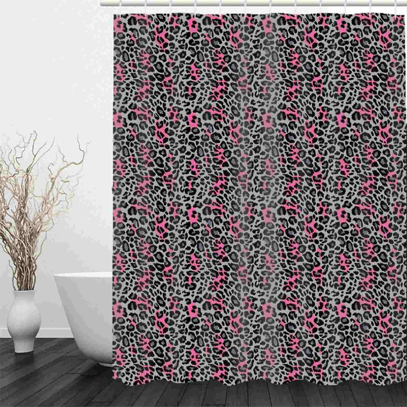 Rideau Douche Opaque pour Fenêtre Salle Bain Imprimé Léopard Deperlant Baie Vitrée sans Percage Noir Rose 220x180cm