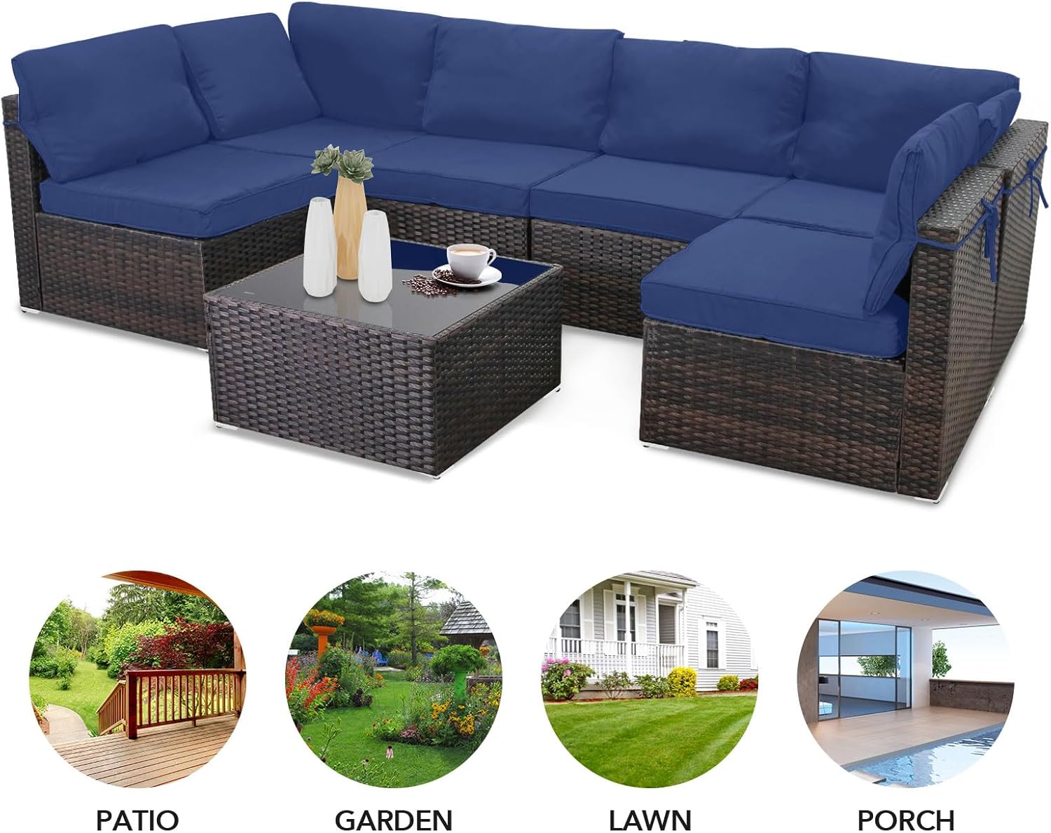 LAFWELL 7 Pieces Outdoor Patio Furniture Sets,Rattan Conversation Sectional Set,Manual Weaving Wicker Patio Sofa with Tea Table