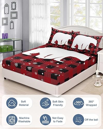 Miniatura 3 de Juego de sábanas bajeras de tamaño King con diseño de oso polar de Navidad, copos de nieve, bolsillo profundo, sábanas y fundas de almohada suaves