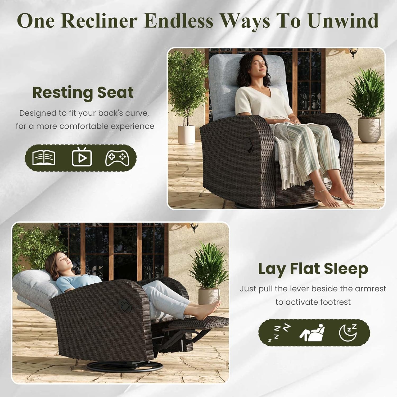 LayinSun Oversized Wicker Outdoor Swivel Glider Recliner with Adjustable Backrest & Footrest, Patio Reclining Lounge Chair - Set of 2