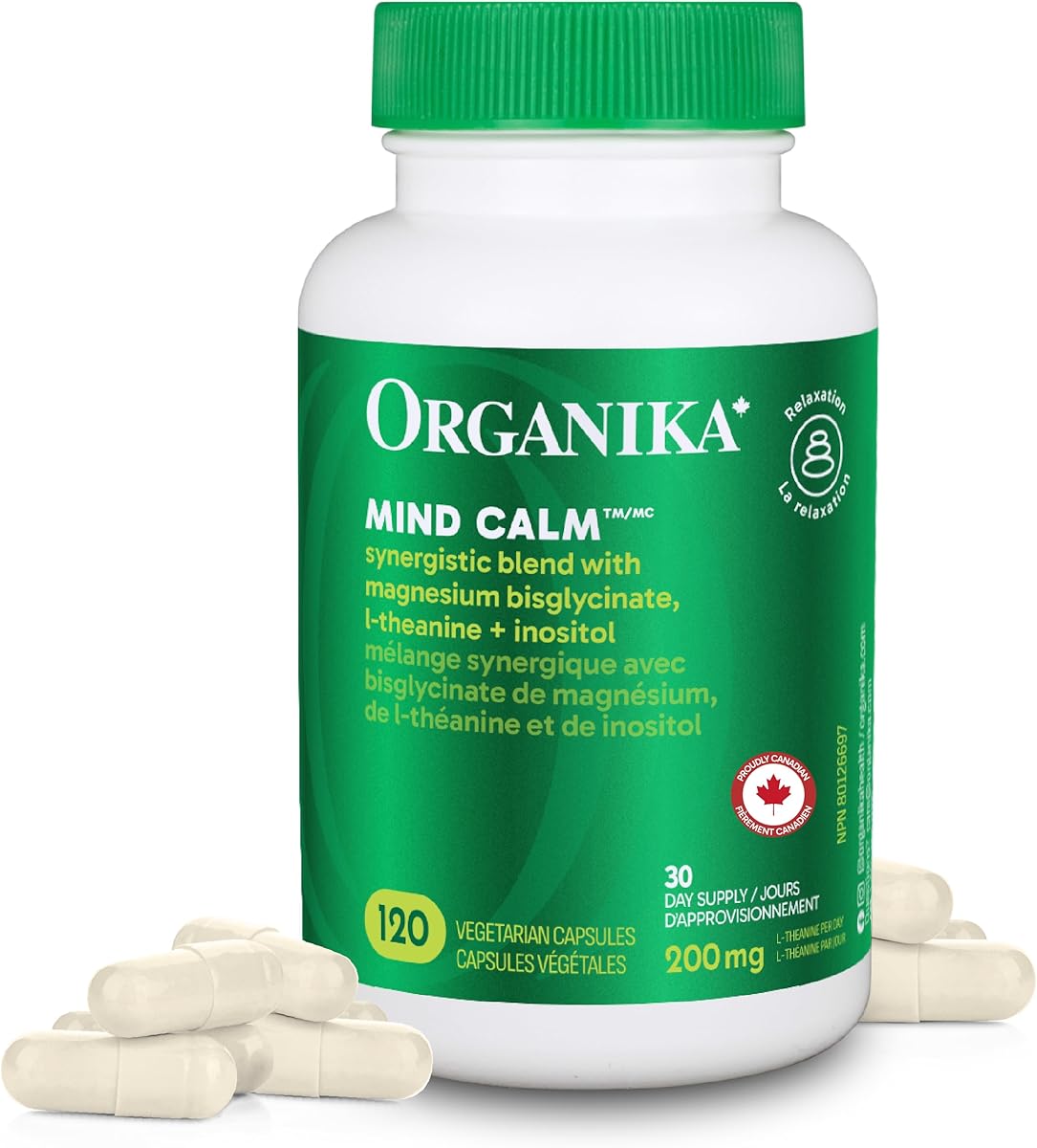 Organika Canadian-Made Mind Calm- with Magnesium Bisglycinate, L-Theanine, GABA, Inositol- Promotes Relaxation and Calm without Drowsiness- 120vcaps