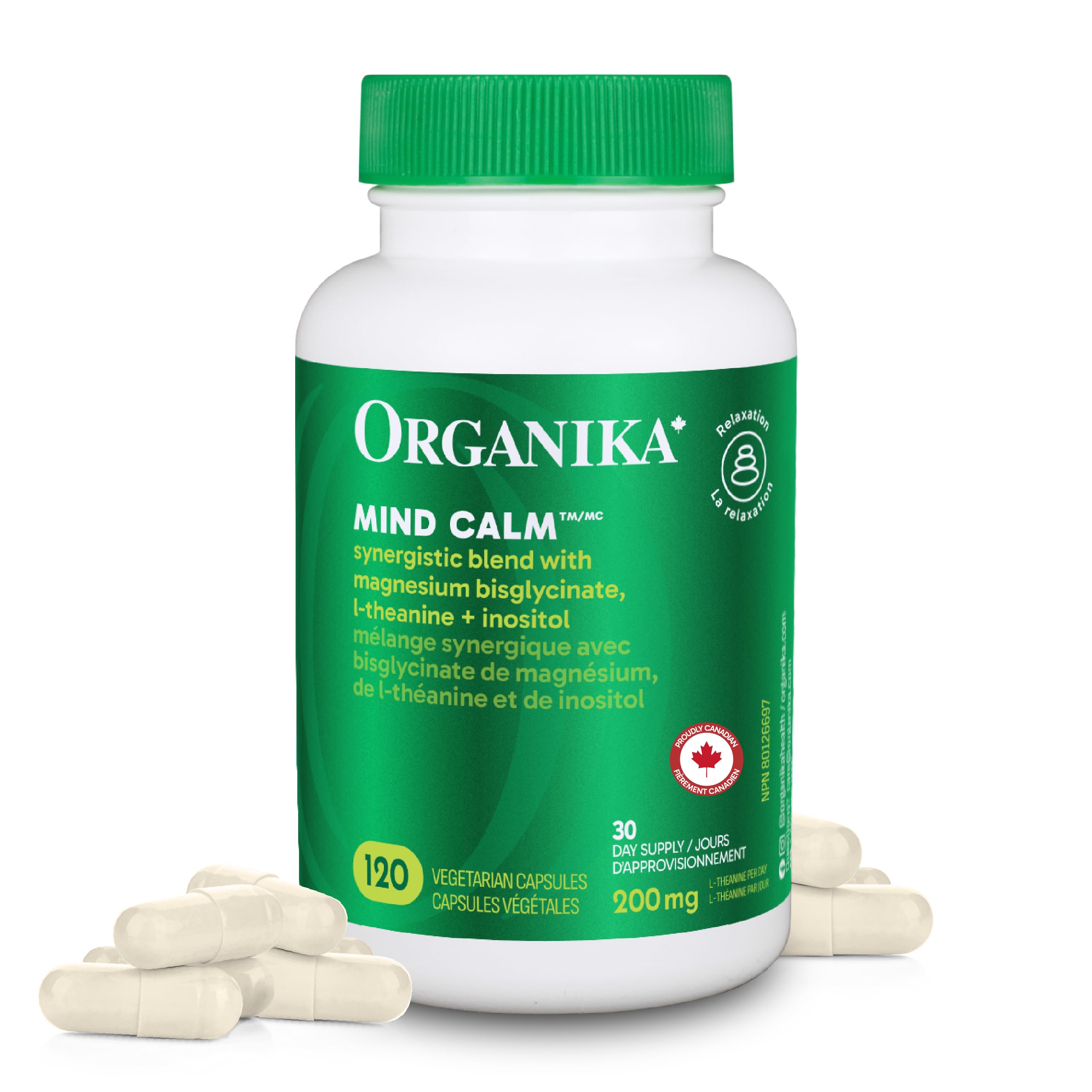 Organika Canadian-Made Mind Calm- with Magnesium Bisglycinate, L-Theanine, GABA, Inositol- Promotes Relaxation and Calm without Drowsiness- 120vcaps