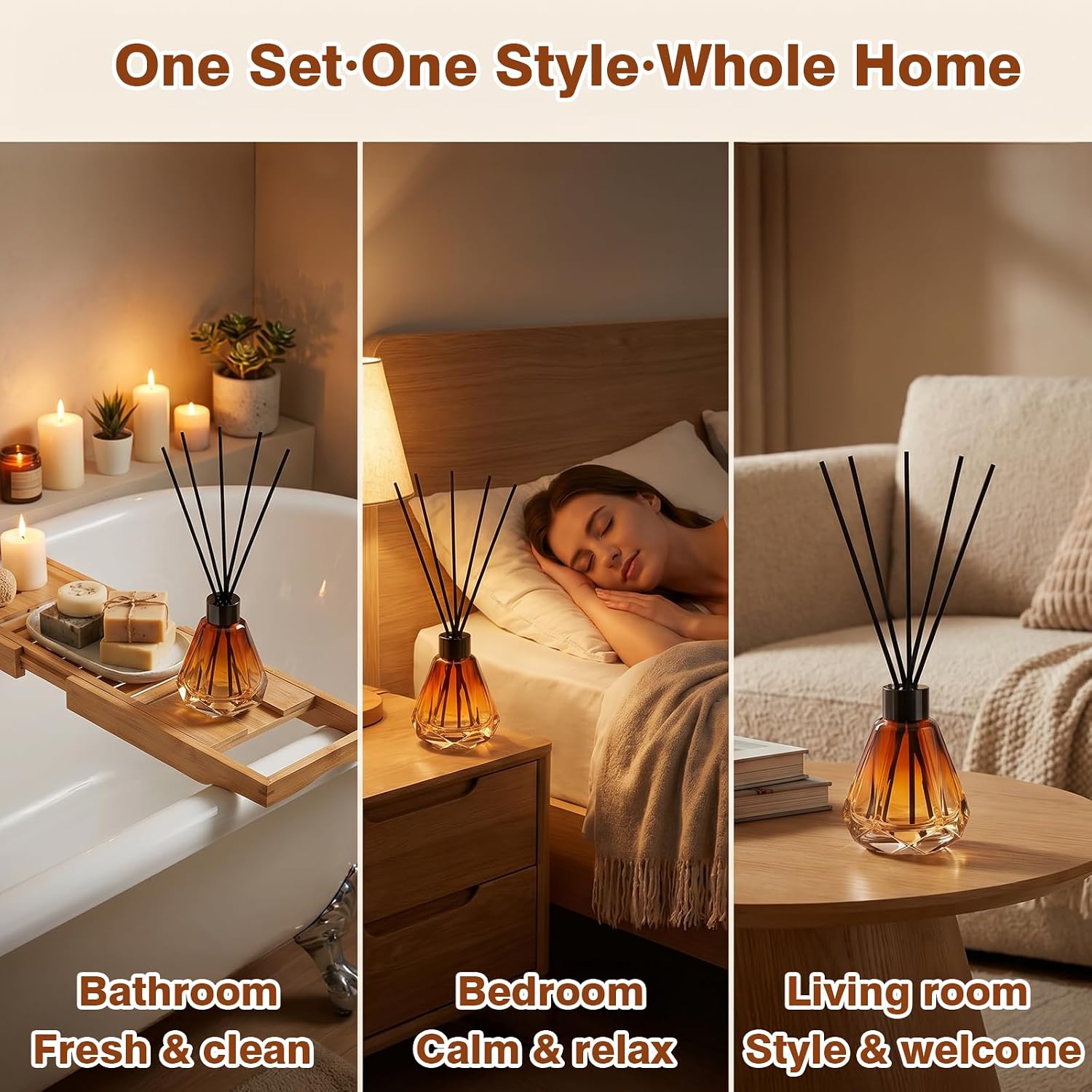 8 Pcs Sizes Reed Diffuser Set with 40 Sticks, Brown Fragrance Glass Diffuser Bottles with Lids for Home Oil Fragrance Decoration Girl Women Gift (60ML)