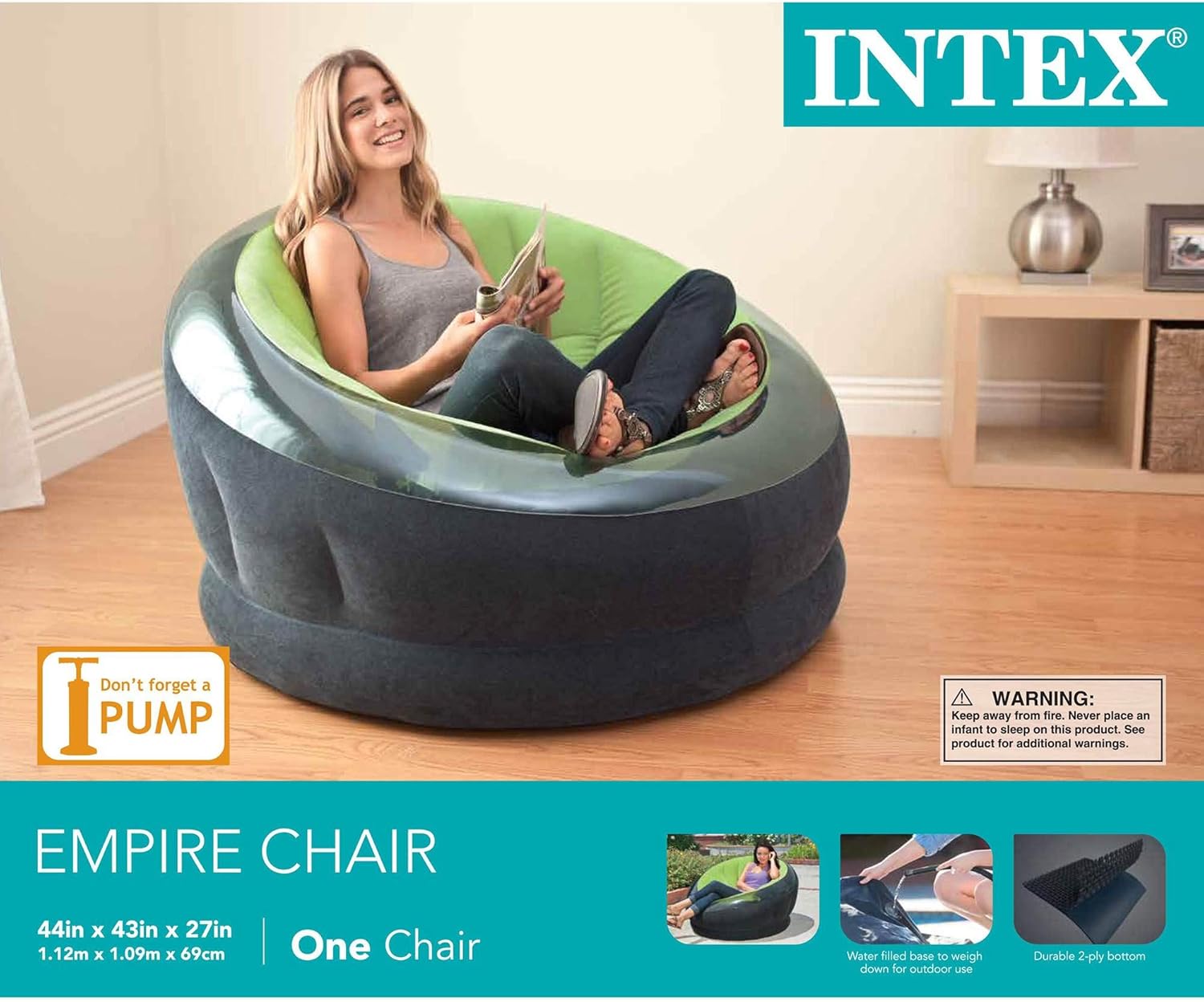 Intex Empire Lime Green Inflatable Blow Up Lounge Dorm Camping Chair & Air Pump