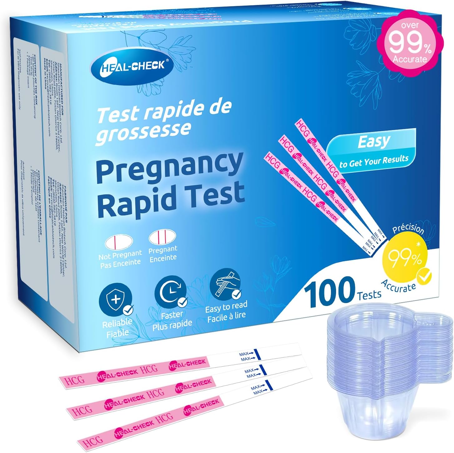 HEAL-CHECK 100 Count Pregnancy Tests with Cups, Bulk Pregnancy Test Strips for Detection at Home, Over 99% Accuracy, Individually Wrapped Fertility Tests, Extra-Wide 5mm HCG Tests, Pruebas De Embarazo