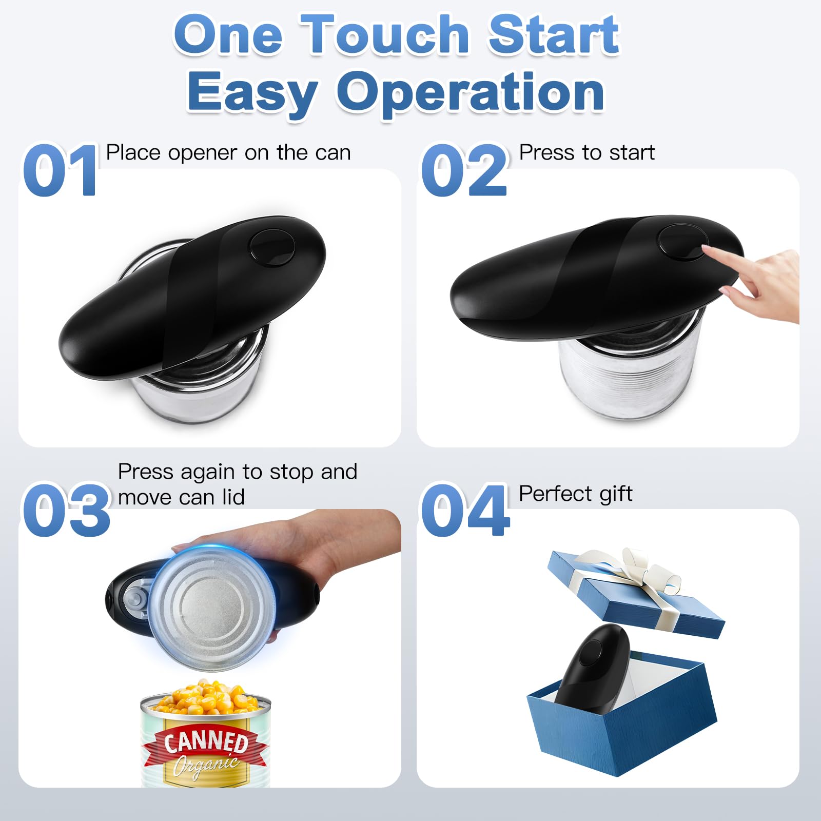 Battery Operated Electric Can Opener – Automatic, Hands-Free, Smooth Edge, One-Touch Canopener for All Can Shapes and Sizes, Portable and Safe Kitchen Gadget, Easy to Use for Seniors and Arthritis