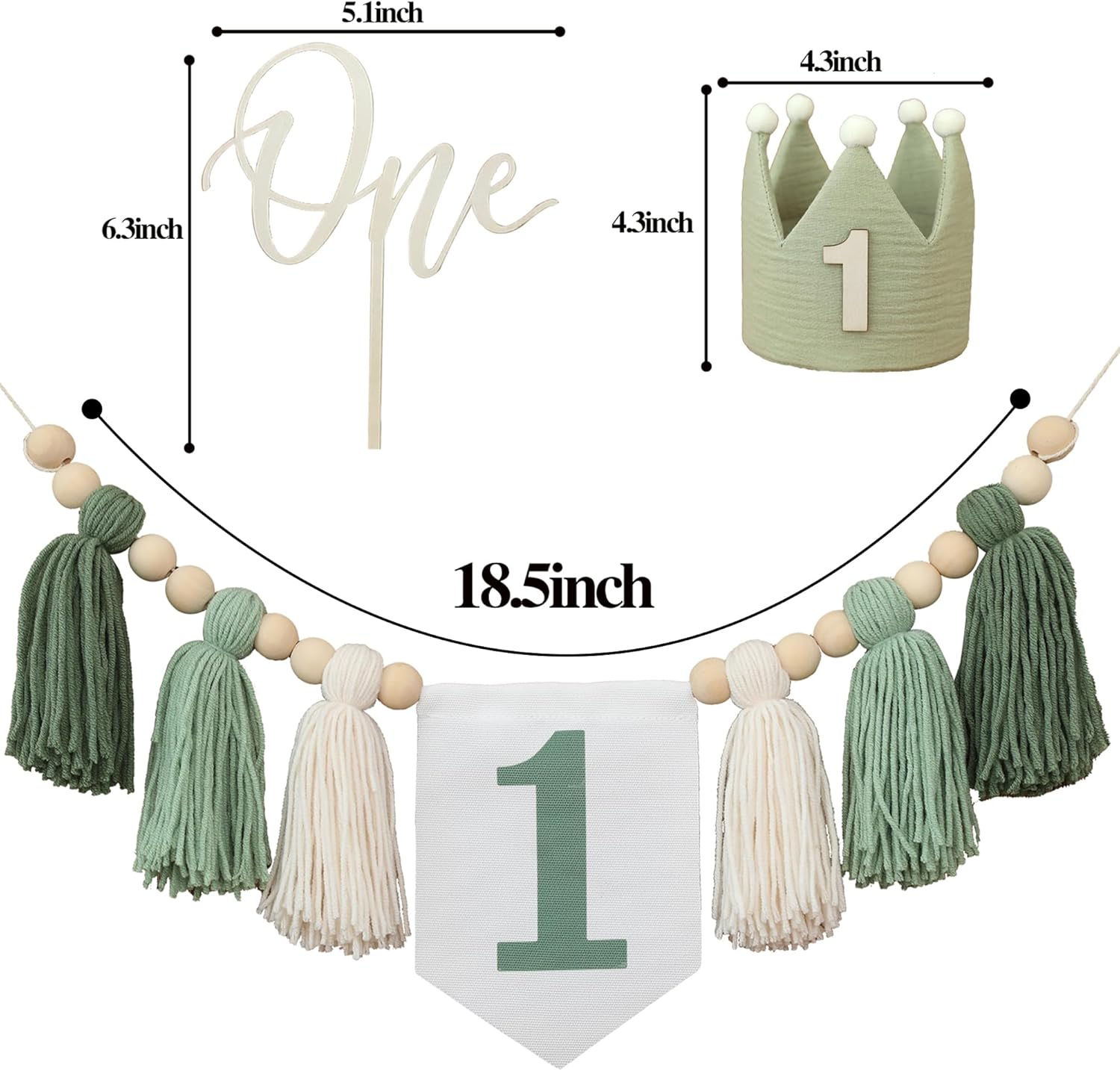 Wild One High Chair Banner For 1st Birthday Party Boy Decorations With Green Tassel Garland Crown Hat Cake Topper - Image 7