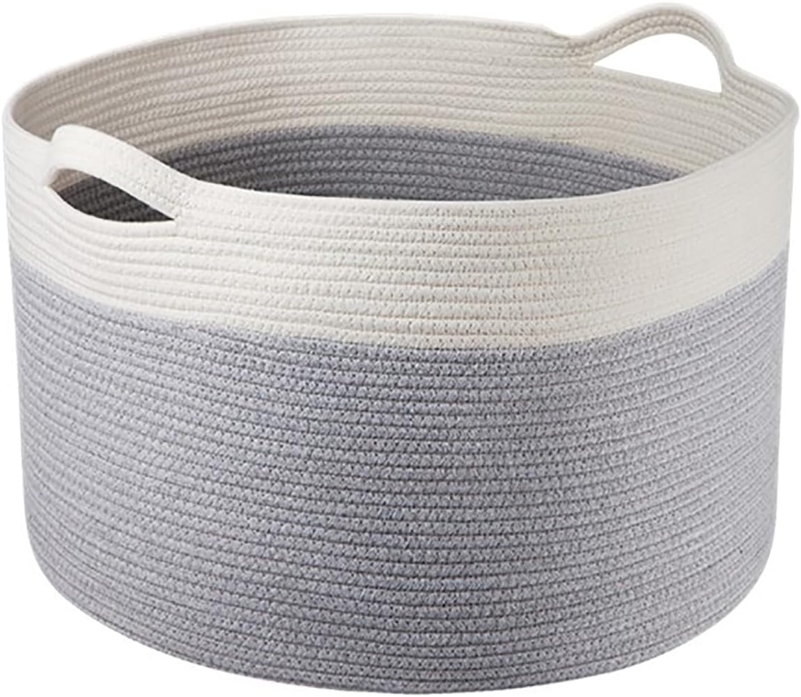 Large Laundry Hamper,Woven Cotton Rope Dirty Clothes Hamper,Foldable Laundry Basket with Handle for Nursery,Bathroom,Bedroom,Kids Toy-Grey White,14''H x 22''D