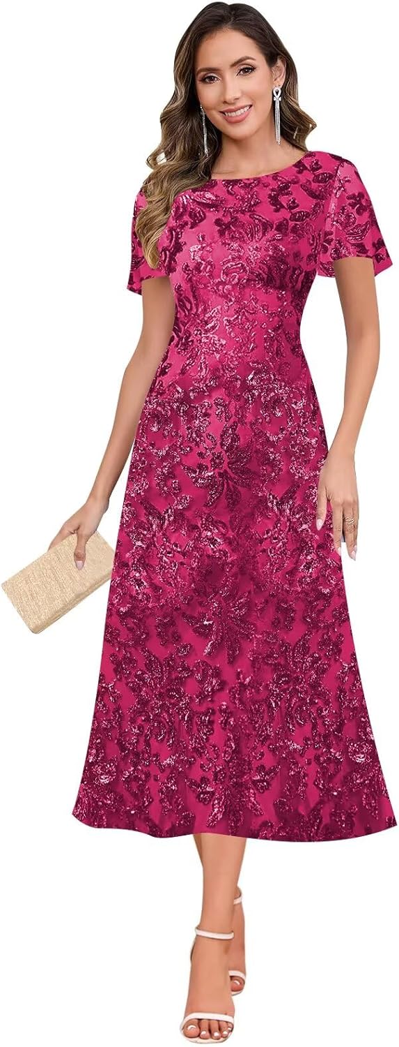 BOLENSYE Sequin Mother of The Bride Dresses for Women Short Sleeve Tea Length Petite Formal Evening Party Gowns