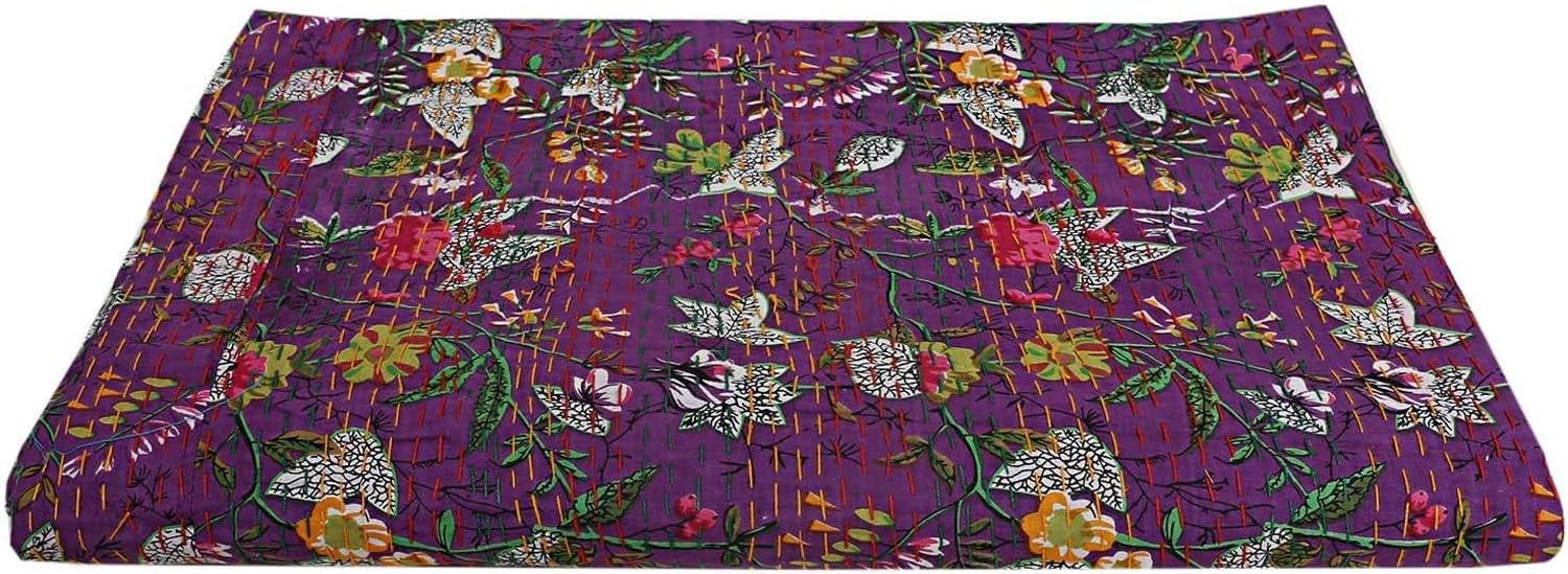 Indian Handmade Quilts for King Size Bed- Kantha Blanket Throw- Vintage Cotton Quilts Queen Size - India Blankets- Cotton Blankets King Printed