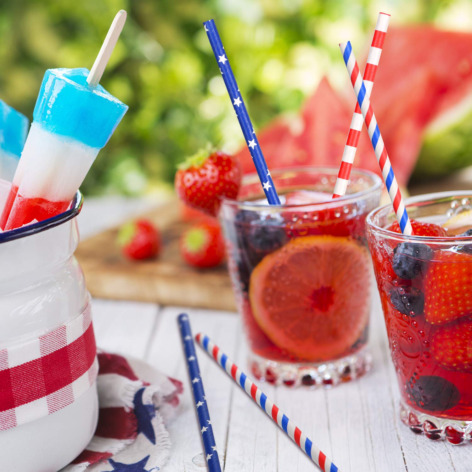 Cannucce di carta con bandiera americana, 200 pezzi, cannucce di carta rosse e blu, per giorno dell'indipendenza, commemorativo di 4a celebrazione di luglio