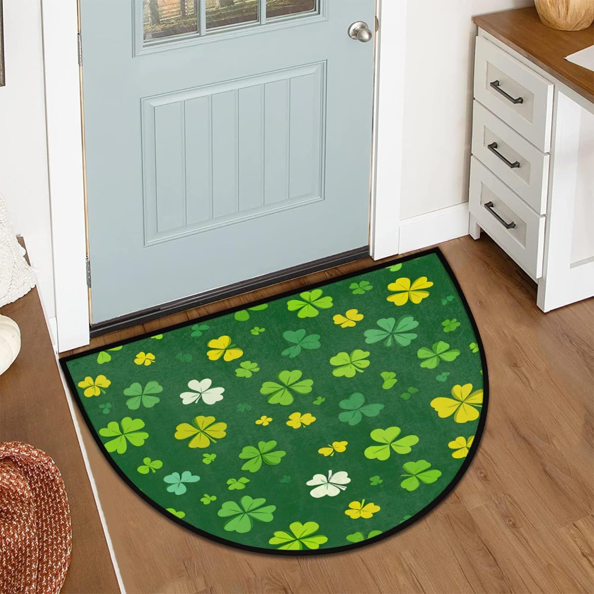 Front Door Mat Indoor Outdoor Entrance, St. Patrick's Day Clover Half Round Door Mat Absorbent Non-Slip Backing Welcome Doormat Patio Entryway Low Profile Floor Mats for Kitchen Fireplace 36" x 24"