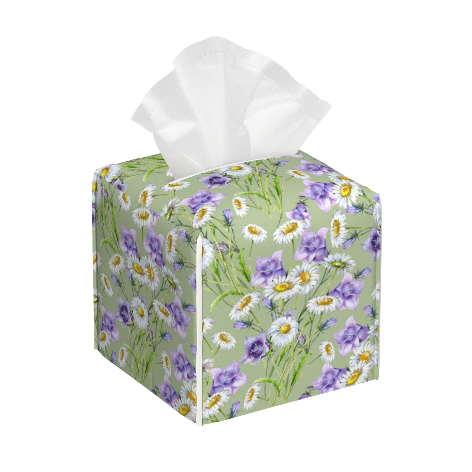 Square Tissue Box Cover Chamomiles and Bell Flowers Tissue Box Holder Facial Cube Paper Dispenser Leather Decorative Organizer Home Office Desk Decor 5.2"x5.2"x5.2"