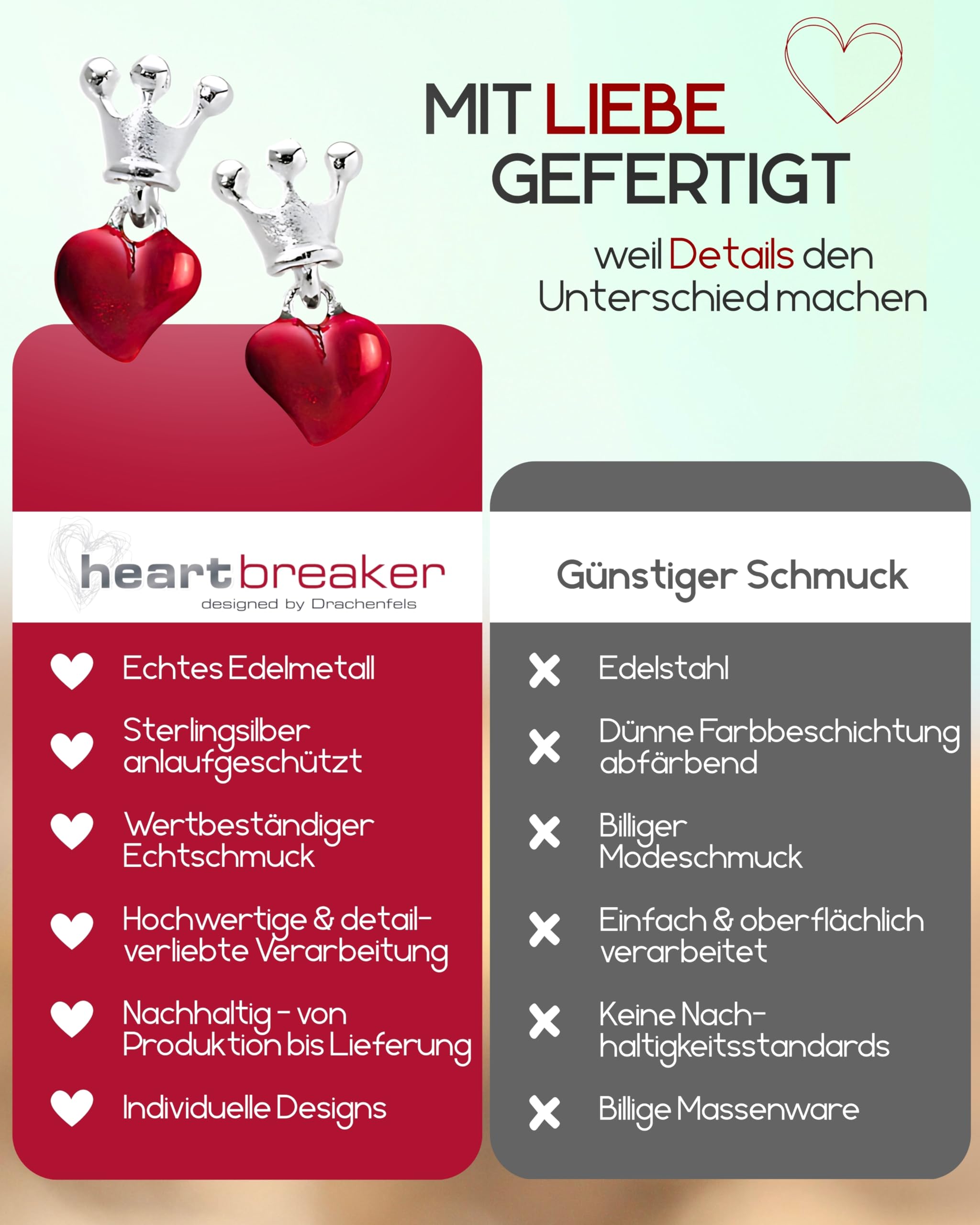 Heartbreaker "Crown of my Heart" Ohrringe Herz I Edler Schmuck aus 925 Sterling Silber I Nickelfreie Herz-Ohrstecker inkl. Verpackung I In Goldschmiedequalität gefertigt I LD LP 22 RM