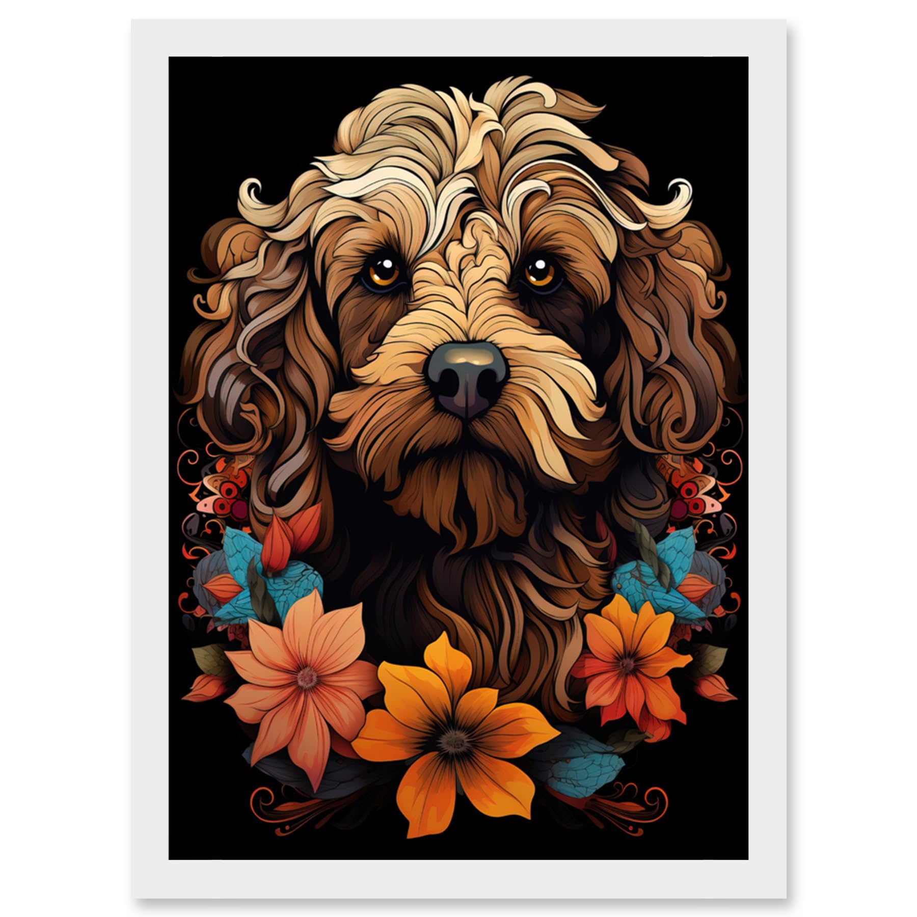 Artery8 Cockapoo Dog with Flowers Artwork Orange Brown Blue Floral Art Nouveau Portrait on Black Artwork Framed Wall Art Print A4