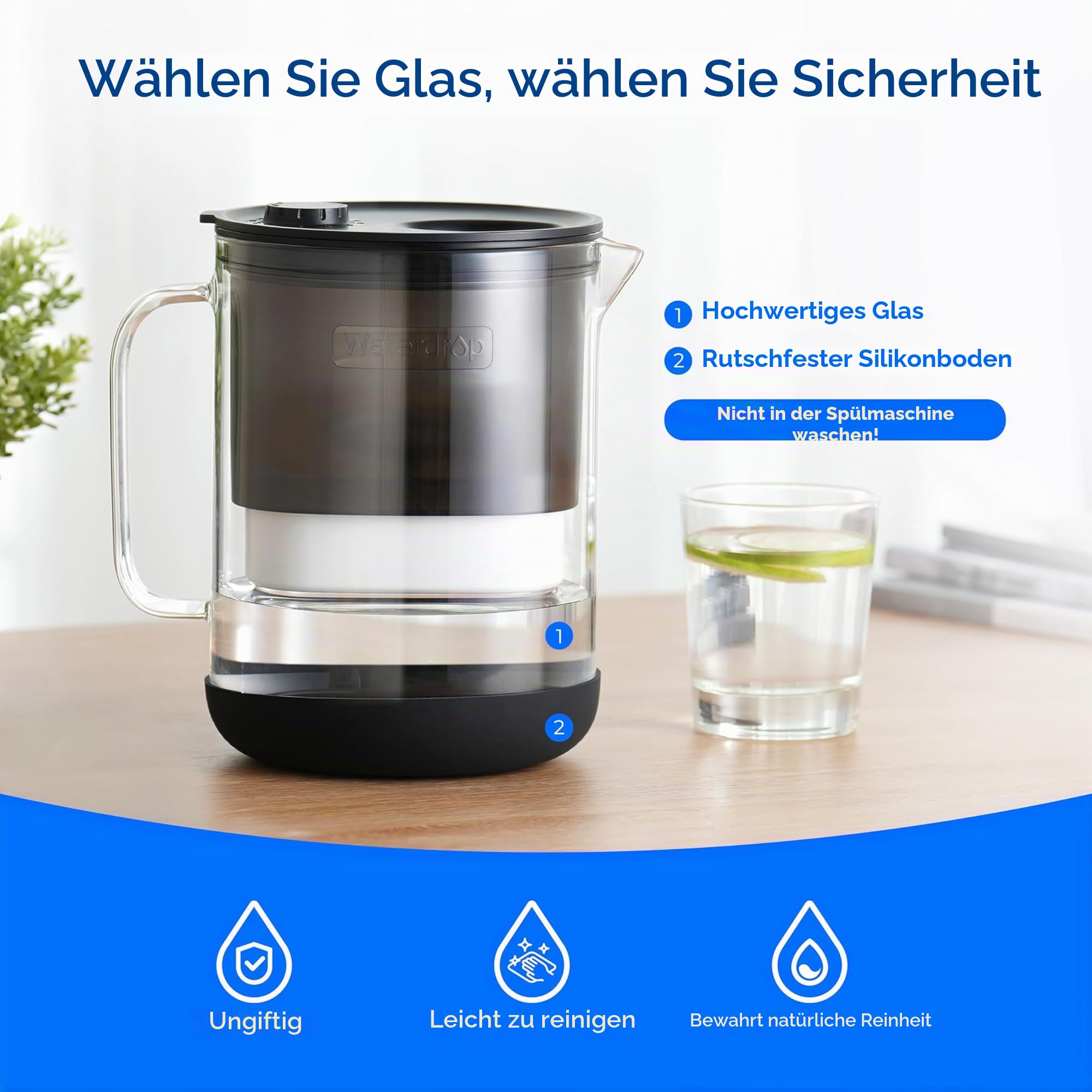 Waterdrop 𝐆𝐥𝐚𝐬 Wasserfilterkanne, 2.5L Wasserfilterkanne mit 2-Monats-Filter, NSF 53&42&372 Zertifiziert, Reduziert PFOA/PFOS, Chlor, Cadmium, Kupfer, Quecksilber, WD-PT-72B