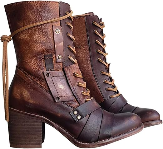 Amazon Com Dheera Women S Retro Comfy Chunky Heel Lace Up Boots Winter High Heel Ankle Boots Leather Vintage Boots Ladies Biker Boots For Women Everything Else