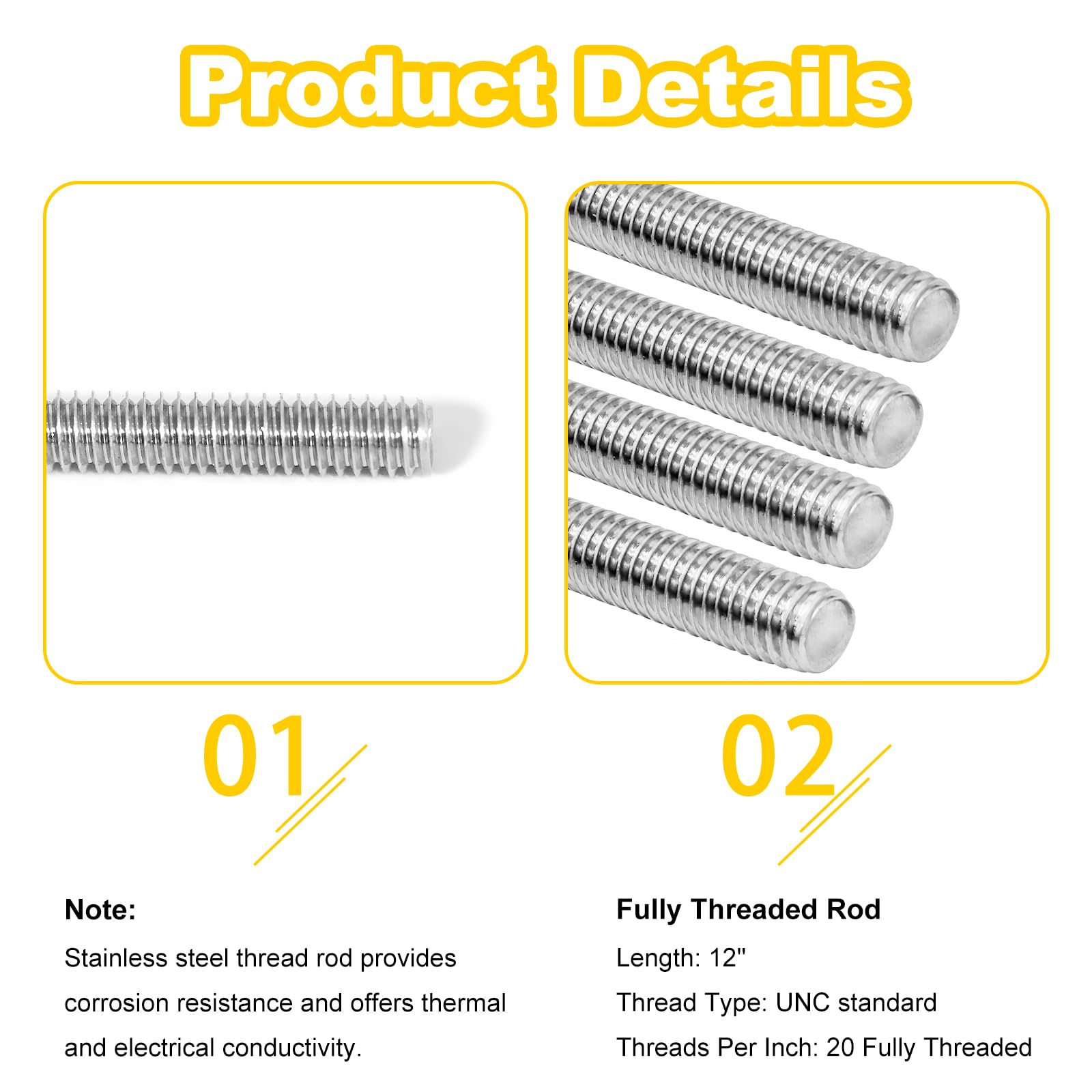 304 Stainless Steel Threaded Rod 12" - 1/4-20 -3