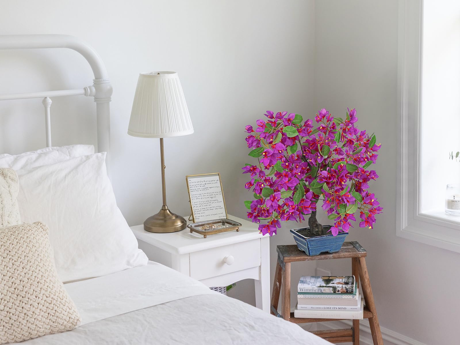 Fleurs artificielles en pots 47 cm de haut, plantes de bougainvillées artificielles avec pot en céramique bleu, fausses plantes de bougainvillées violettes en soie pour décoration de printemps
