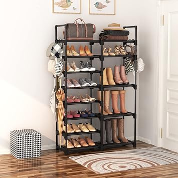 ROJASOP Shoe Rack Organizer, 8-Tier Metal Shoe Rack for Closet Entryway Garage, 26-32 Pairs Tall Shoe Boot Storage Shelf with 15 Hooks, Stackable Large Shoe Stand