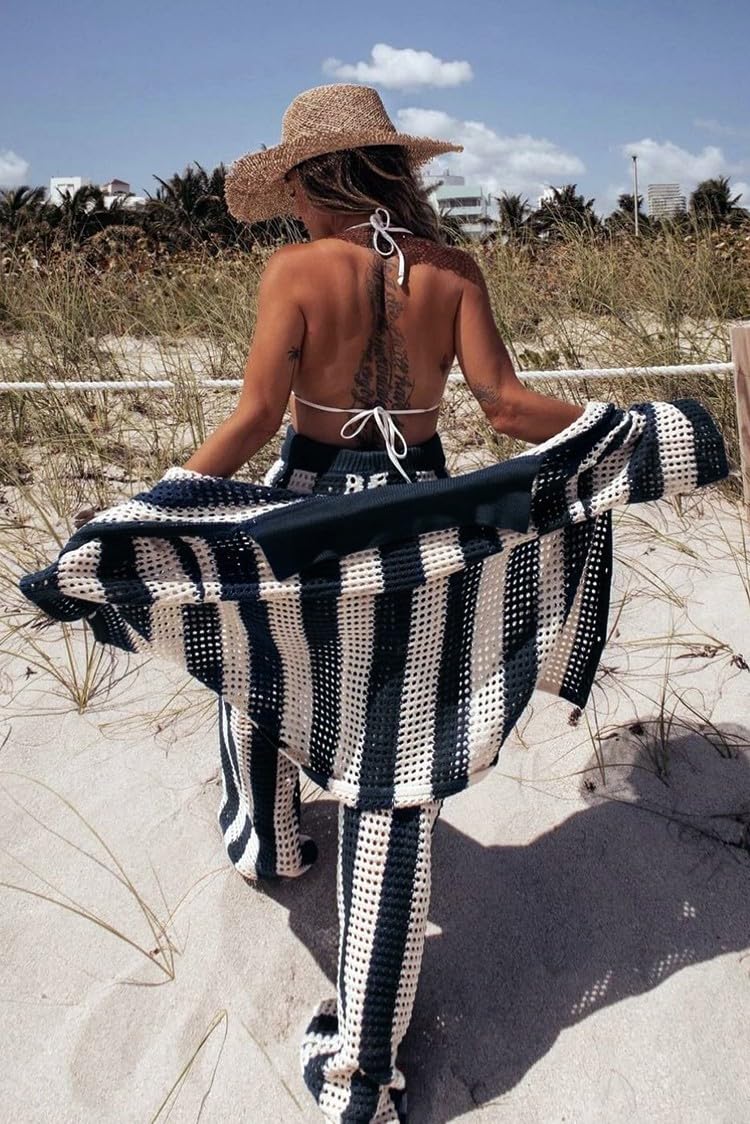 loveimgs Conjunto de 2 piezas de verano de punto de ganchillo a rayas de manga corta con botones y pantalones de pierna ancha