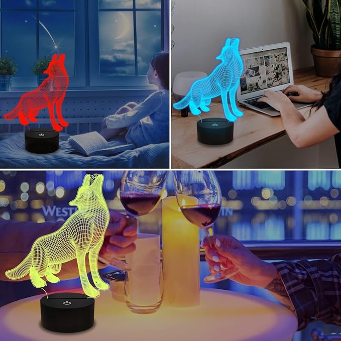 FULLOSUN FULLOSUN Wolf Gift 3D Light, Optical Illusion Bedside Night Lamp, 16 Color Changing with Remote Control Creative Room Decor Best Birthday for Kids Boys Men photo 3