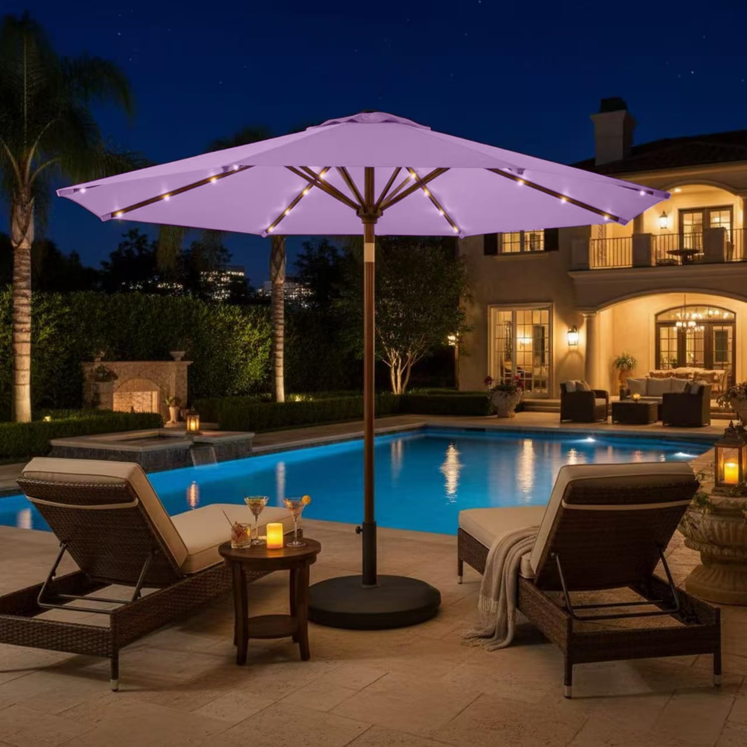 9' Solar LED Patio Umbrella with Tilt & Crank|8 Sturdy Ribs,UV Protection,Outdoor Market Table Umbrella for Deck,Lawn,Pool,Backyard(Taro Purple)