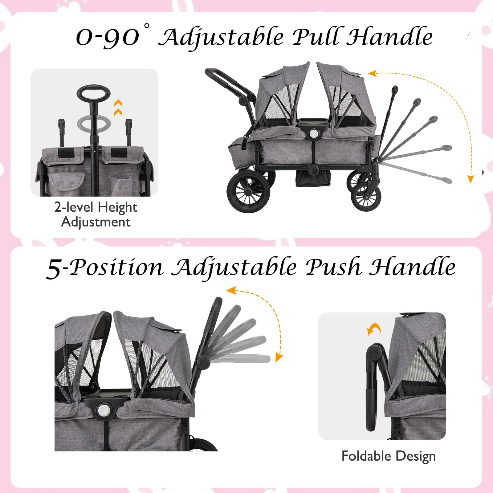 LIFEZEAL 2-Sitzer-Kinderwagen für Kinder ab 6 Monaten, Geschwisterwagen Zwillingskinderwagen mit Becherhalter & Verdeck, Kombikinderwagen mit Wickeltasche für Reisen, 104 x 46 x 107 cm (Grau)
