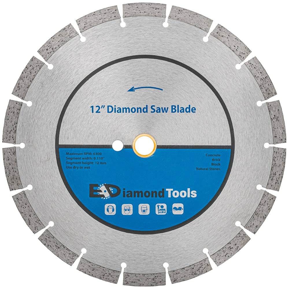 12" Segmented Diamond Saw Blade for Concrete, Brick, Block and Masonry, 12mm Segment Height, 1" Arbor