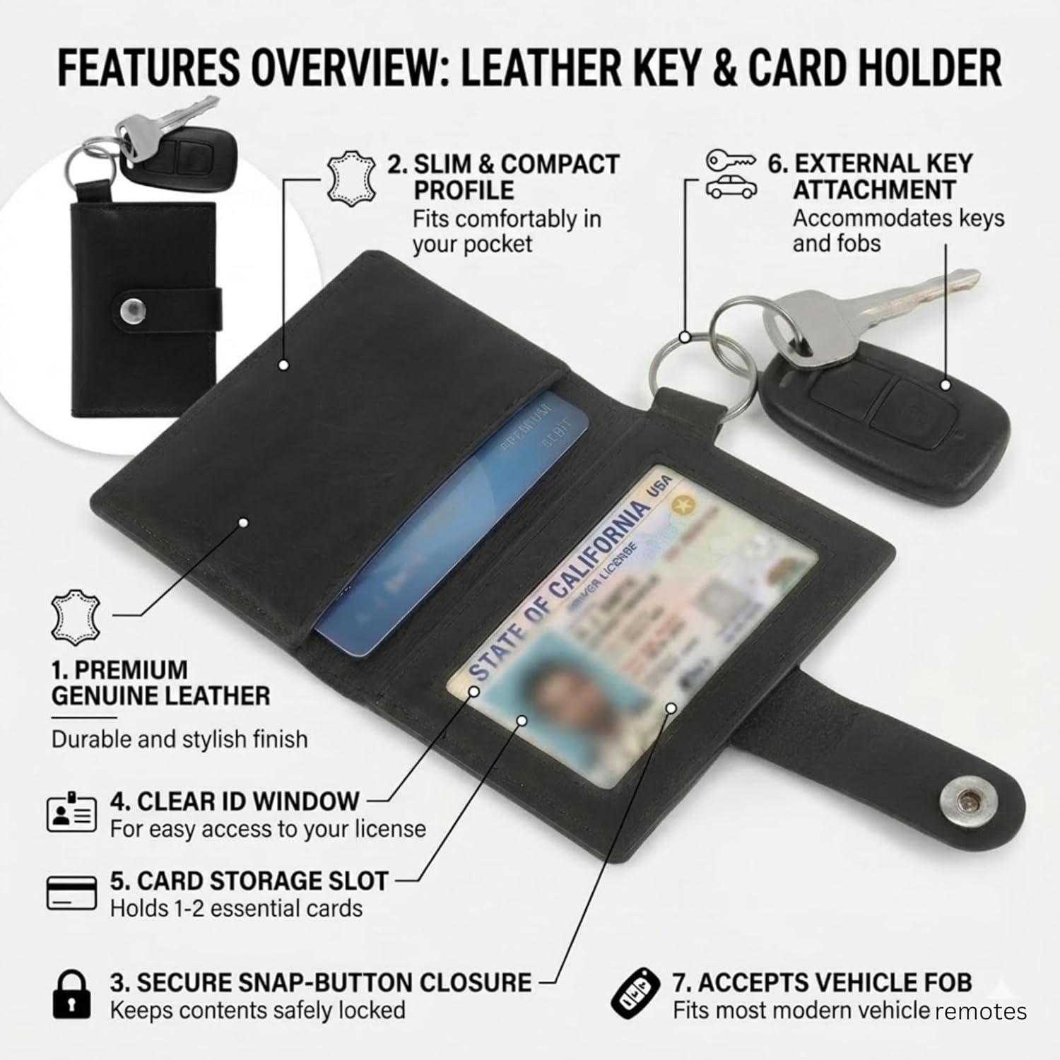 100% Genuine Leather Card Holder ID Window for Men & Women, Compact Key Organizer Case with Snap Button & Ring, Slim Pocket Size (Black, One Size)