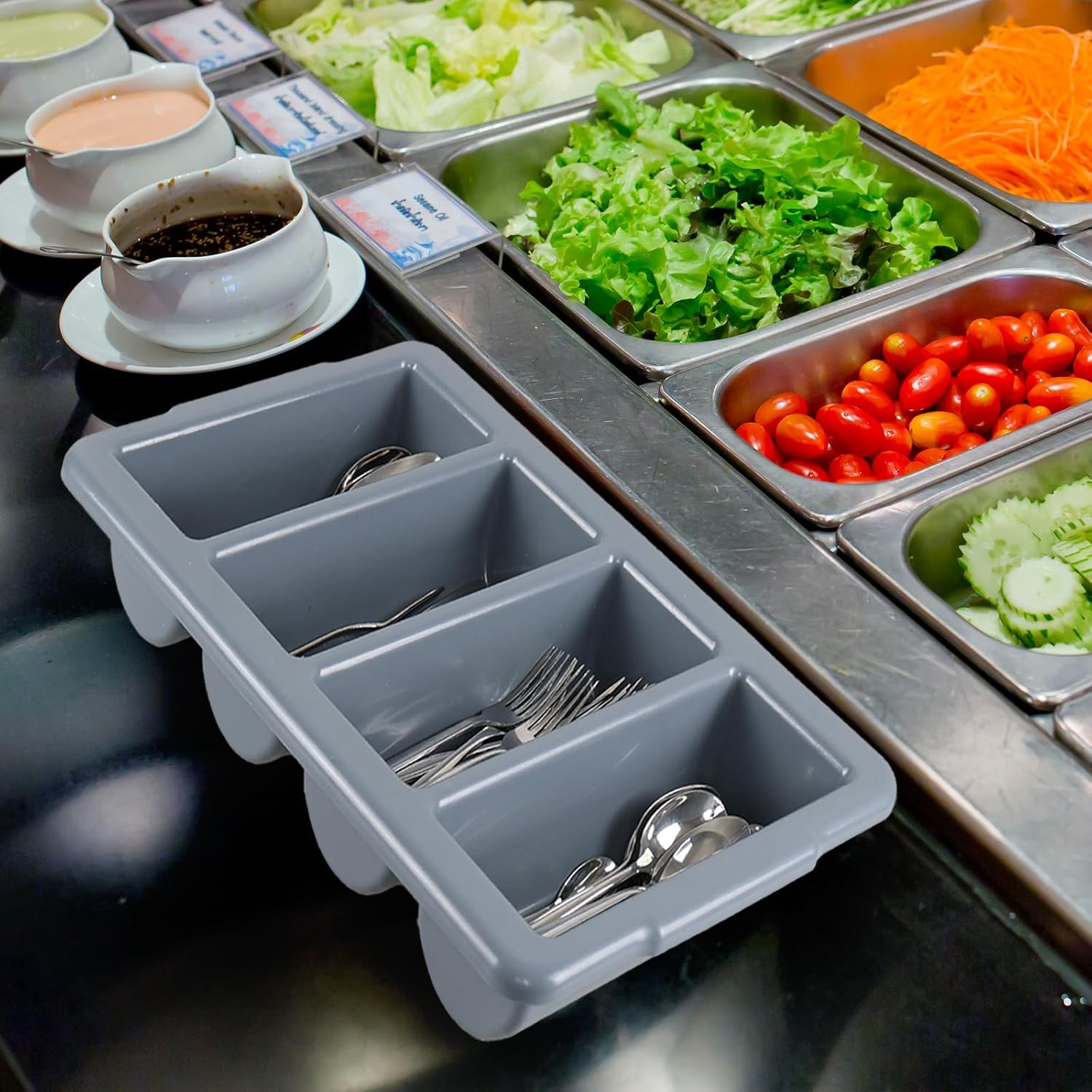 Set of 4 Heavy-Duty Cutlery Bins – 4-Compartment Commercial Silverware Tray (10" Internal Length) – Nestable, Washable, Gray (21.3" x 12.8")