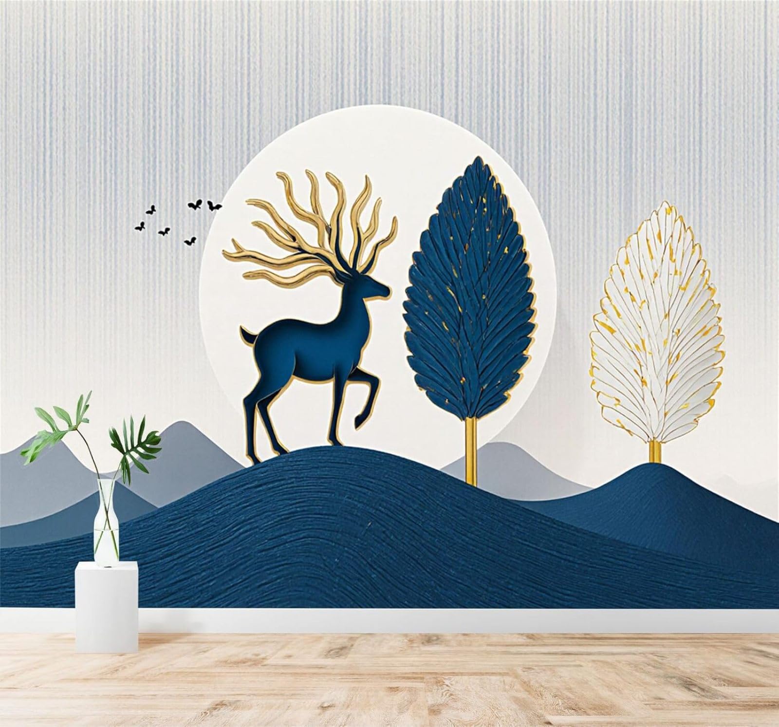 Xlming 350Cm×256Cm(B×H) Golden Antlers Blue Deer Mountain Scenery Moon Abstract Trees 3D Wallpaper Premium Textured Silk Study Dining Living Room Bedroom Sofa Tv Wall Easy Install-350Cm×256Cm