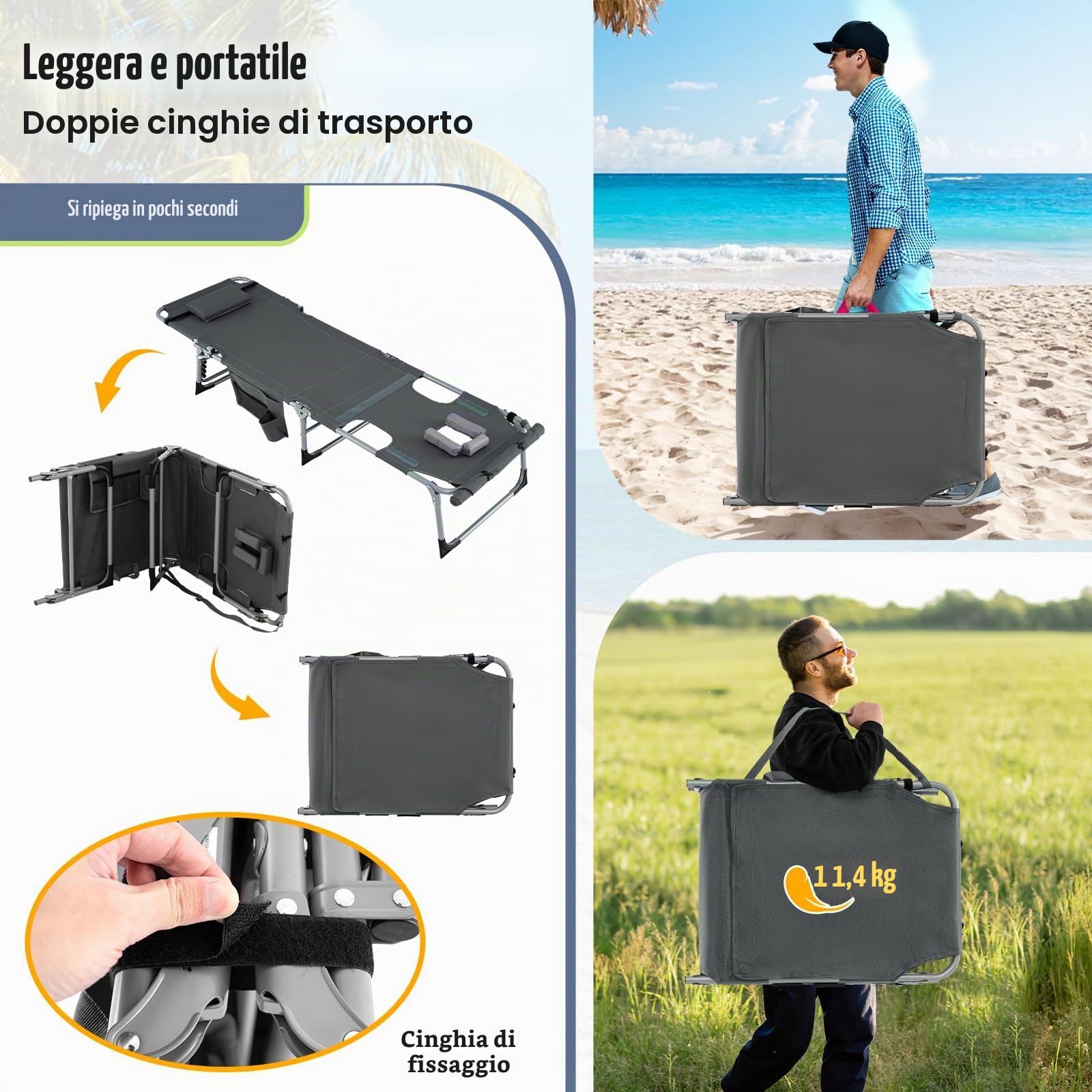 KOMFOTTEU Lettino Pieghevole con Foro per Viso e Braccia, Cuscino Estraibile, Sedia a Sdraio con Schienale Regolabile in 5 Posizioni, Sdraio da Spiaggia con Tasca Laterale, Portato 180 kg (Grigio)