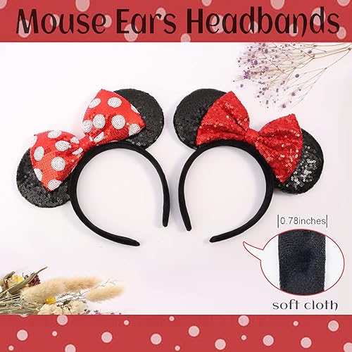 Miniatura 6 de ETLUK Diadema de orejas de ratón, 2 diademas de lazo negro y rojo, diademas clásicas con lazo brillante para mujeres y niñas (lunares rojos y negro)