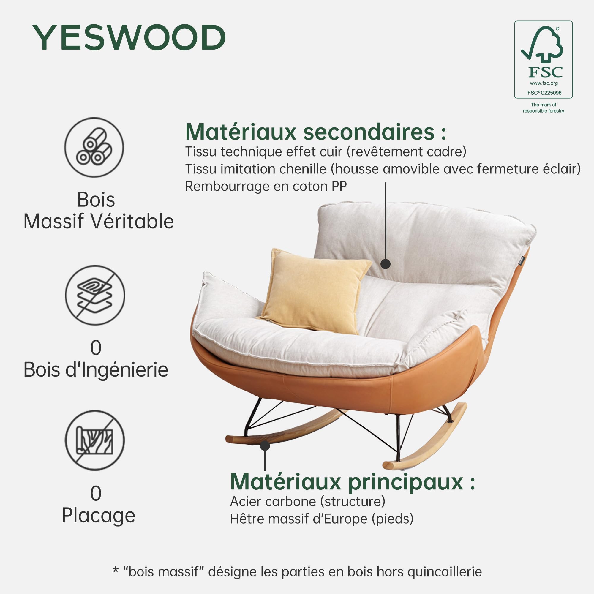 YESWOOD Fauteuil à Bascule, Forme de Cocon, Style Classique, Coussin Amovible, Structure en Hêtre Massif et Métal, 128 x 118 x 90 cm, Marron