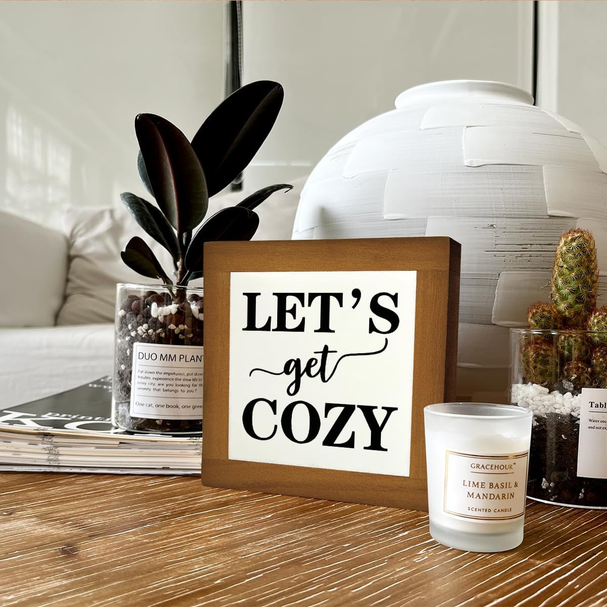 Inspirational Wood Signs, Box Wood Plaques Desk Décor, Farmhouse Home Decor Sign for Shelf, Family Table Decor for Kitchen Bedroom Dining Room, Living Room Decor, Housewarming Gift, Let's Get Cozy F image 5