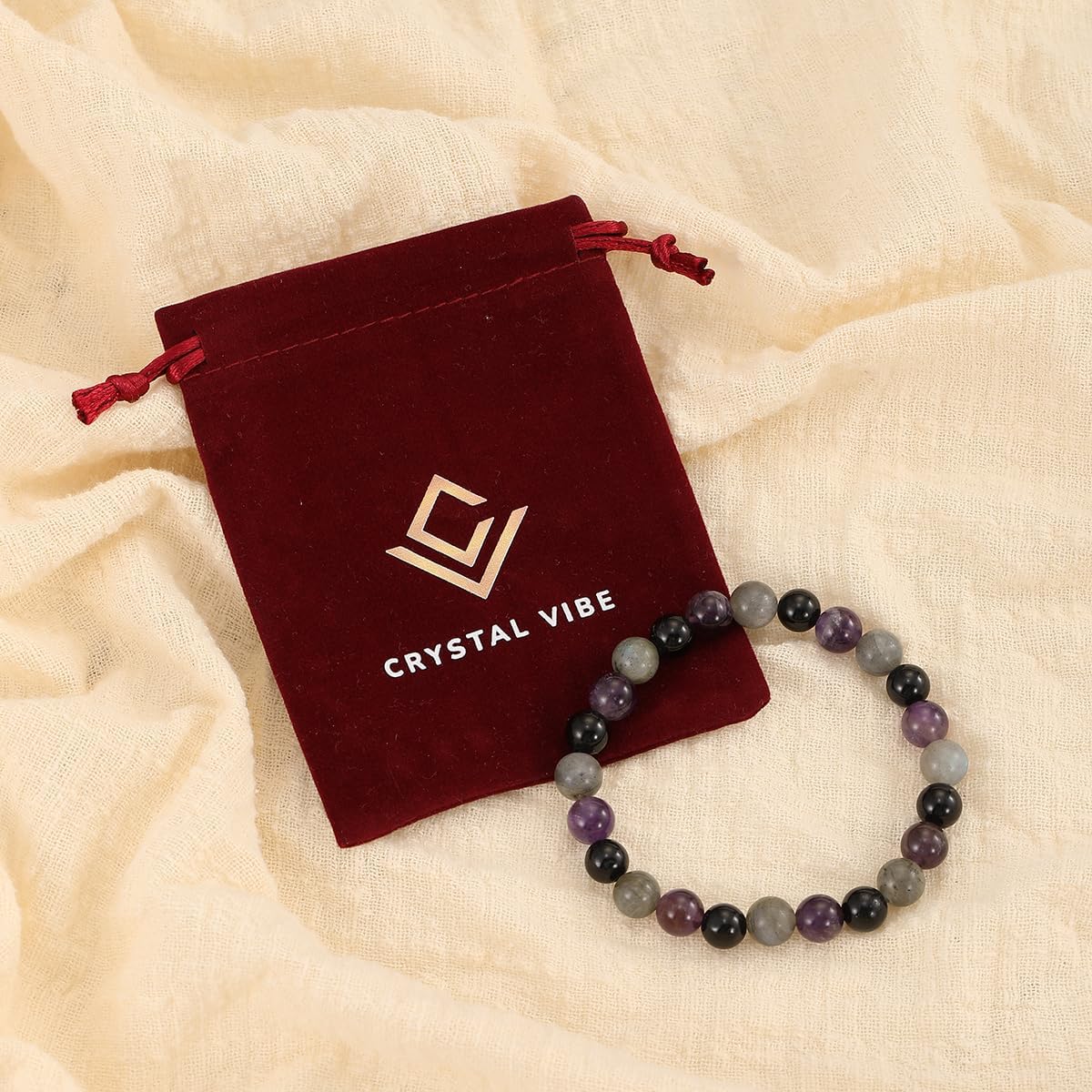 Crytsal Vibe Ultimate Protection Bracelet - Labradorite – Amethyst – Black Tourmaline - 8mm Beaded Bracelet for Protection - Elastic Adjustable Size - Image 2